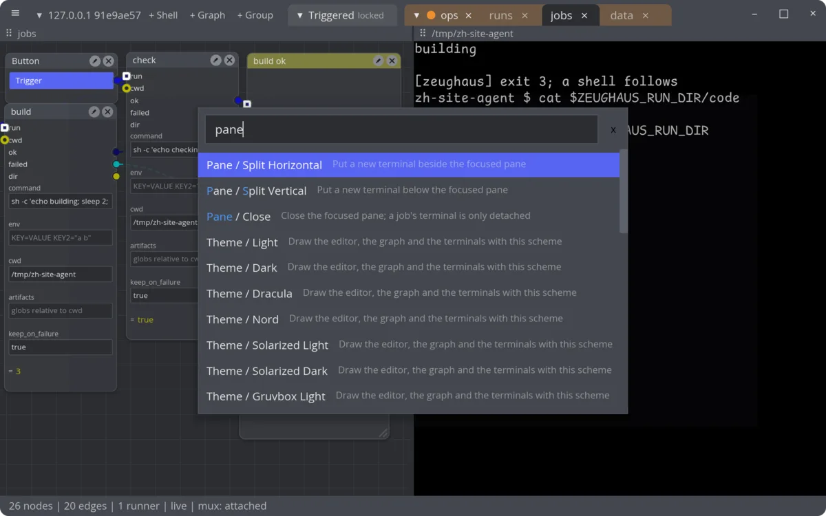 The command palette open over the jobs tab with the query pane. Pane / Split Horizontal is selected; Pane / Split Vertical and Pane / Close follow, then fuzzy matches Theme / Light, Theme / Dark, Theme / Dracula, Theme / Nord, Theme / Solarized Light, Theme / Solarized Dark and Theme / Gruvbox Light.