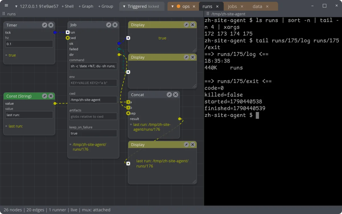 The zeughaus editor in its dark theme. The tab bar holds the runner's section (127.0.0.1 91e9ae57) with a locked Triggered group and an orange group ops. The active tab, runs, is split: on the left a graph where a Timer at 0.1 Hz fires a Job node running sh -c 'date +%T; du -sh runs; ...'; its ok pin shows true on a Display, and its dir pin joined to 'last run:' shows /tmp/zh-site-agent/runs/176. On the right a terminal lists the last runs, 172 to 175, and tails runs/175/log and runs/175/exit: code=0, killed=false. Status bar: 26 nodes, 20 edges, 1 runner, live, mux attached.